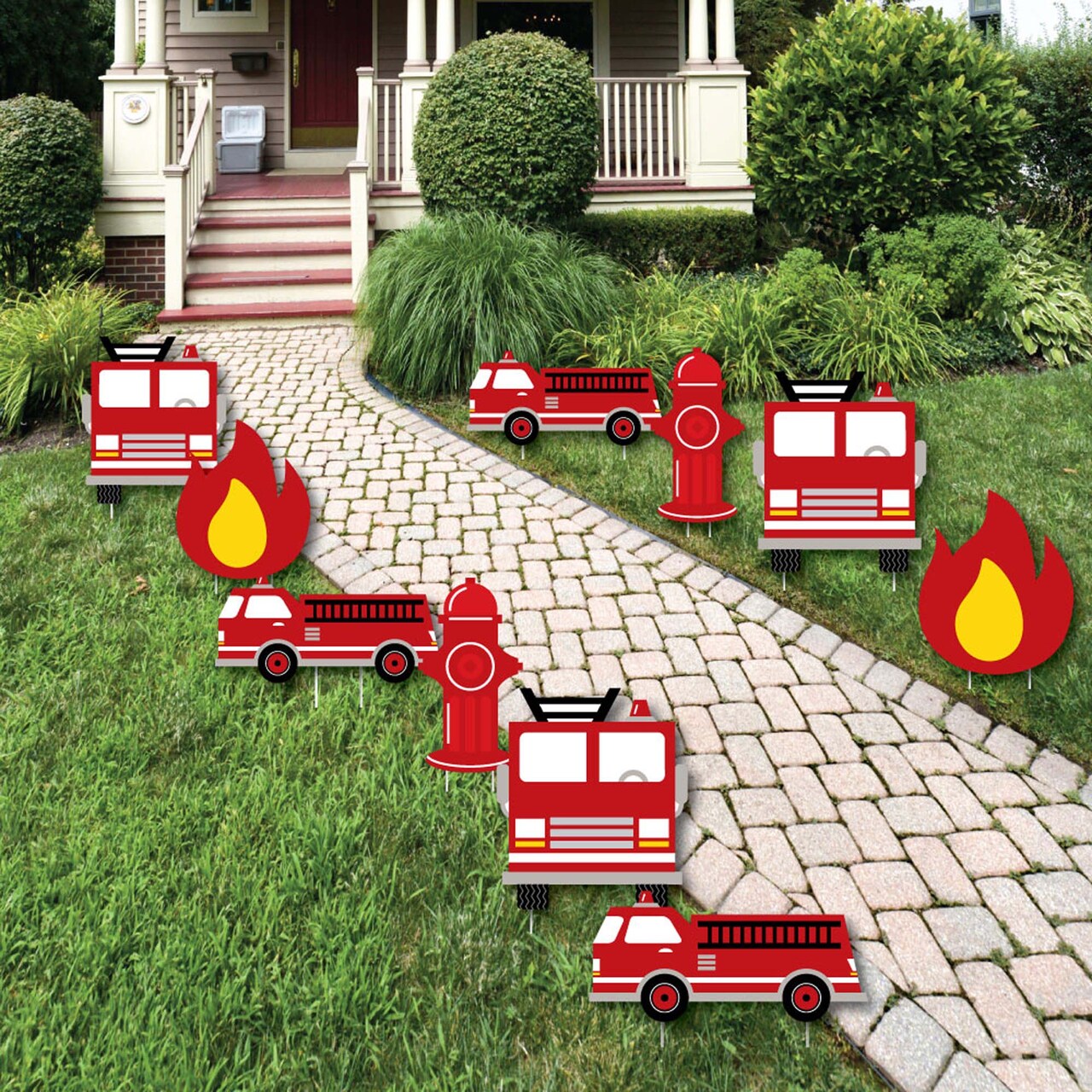 Big Dot of Happiness Fired Up Fire Truck - Lawn Decorations - Outdoor Firefighter Firetruck Baby Shower or Birthday Party Yard Decorations - 10 Piece